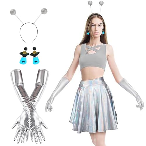 Aohcae Alien Kostüm Set, Alien Kostüm Damen mit Alien Haarreif+Handschuhe + Ohrringe, Space Kostüm Damen für Erwachsene Kostüm Zubehör Alien Cosplay Kostümzubehör von Aohcae