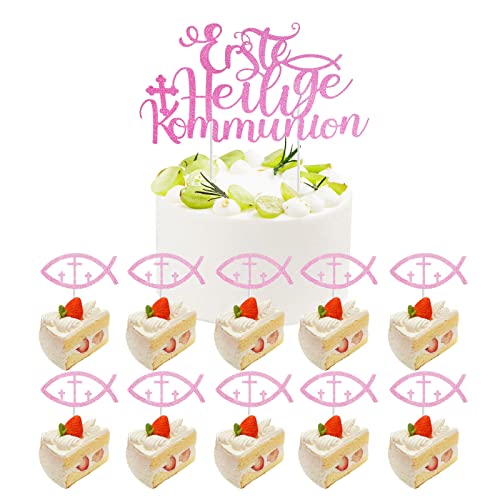 Aohcae Erste Heilige Kommunion Topper, 24 Pcs Fische Cake Toppers Cake Topper Kommunion Kommunion Deko Tortendeko Kommunion für Junge Mädchen (Rosa) von Aohcae