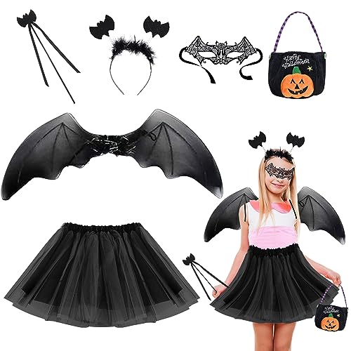 Aohcae 6 PCS Fledermaus Kostüm Kinder, Halloween Kostüm Kinder mit Haarband + Ballettröckchen + Flügel + Zauberstab + Fledermausmaske + Tragetasche für Halloween Cosplay Party (Nach unten) Aohcae 6 PCS Fledermaus Kostüm Kinder, Halloween Kostüm Kinder mit Haarband + Ballettröckchen + Flügel + Zauberstab + Fledermausmaske + Tragetasche für Halloween Cosplay Party (Nach unten) von Aohcae