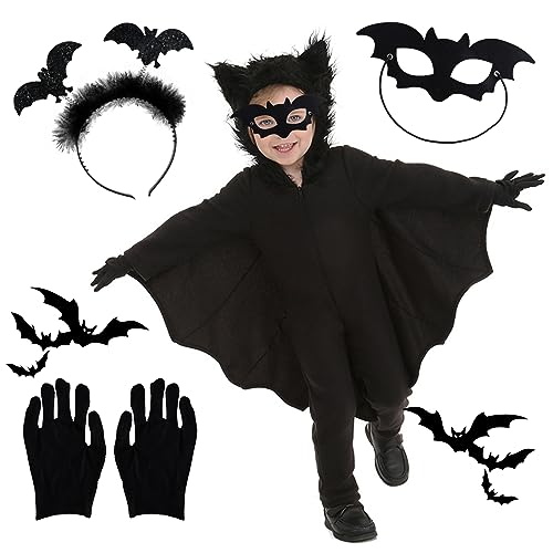 Aohcae Fledermaus Kostüm Kinder, fledermaus kostüm Mit Kostüm Vampir Damen + Handschuhe + Fledermaus-Stirnband+Fledermaus-Maske Fledermaus Umhang Halloween Kostüm Kinder Fledermaus(L) von Aohcae