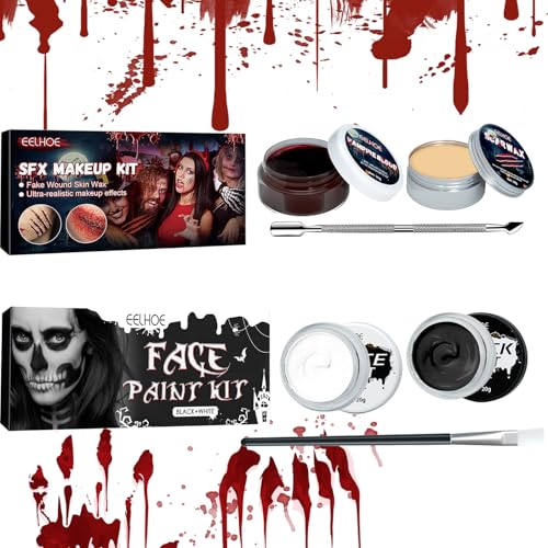 Aohcae Halloween Kunstblut Set, Schminke Schwarz Weiß für Erwachsene, Wunden Zombie Vampir Clowns Dämonen von Aohcae