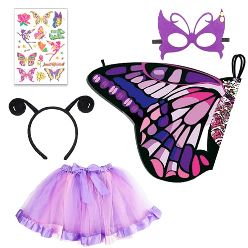 Aohcae Kostüm Schmetterling Kinder, Schmetterling Kostüm Kinder Mit Masken Sarongs Haarbändern Tattoos und Schmetterlingstüchern Schmetterling Kostüm Damen für Party Cosplay Halloween Karneval von Aohcae