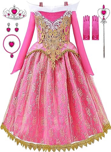 Aoiviss Mädchen Rosa Prinzessin Kostüm Spitze Prinzessin Kleid Party Verkleidung Halloween Geburtstag Cosplay mit Zubehör 100 von Aoiviss