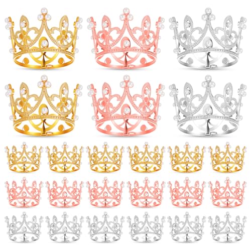 Mini-Kronen-Kuchenaufsatz-Set, kleine Kronen zum Basteln, Mini-Kronen für Cupcakes, kleine Kronen-Dekoration für Prinzessinnengeburtstag, Hochzeit, Party (Gold, Silber, Roségold), 24-teilig von AojSup