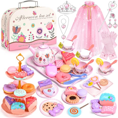 Tee-Party-Set für kleine Mädchen, 63-teiliges Rollenspielzeug, Prinzessinnen-Verkleidung zum Teezeit, Zinn-Tee-Service für Kleinkinder 3-5 Jahre mit Dessert, Tragekoffer, Kinder-Küchen-Spielset Tee-Party-Set für kleine Mädchen, 63-teiliges Rollenspielzeug, Prinzessinnen-Verkleidung zum Teezeit, Zinn-Tee-Service für Kleinkinder 3-5 Jahre mit Dessert, Tragekoffer, Kinder-Küchen-Spielset von Aojieni