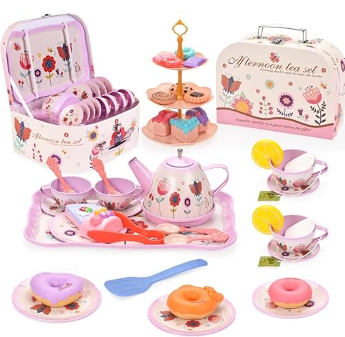 Tee-Party-Set für kleine Mädchen, 63-teiliges Rollenspielzeug, Prinzessinnen-Verkleidung zum Teezeit, Zinn-Tee-Service für Kleinkinder 3-5 Jahre mit Dessert, Tragekoffer, Kinder-Küchen-Spielset von Aojieni