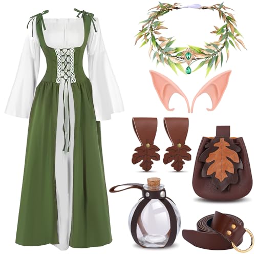 AOKISK 7cs Renaissance-Kostüm für Damen, 4 Minuten, schnelles Ren-Faire-Kostüm, Feenkostüm, mittelalterliches viktorianisches Kleid für Damen, Blumenkrone, Elfen-Ohrgürtel, Blatttasche, Hexenflasche von Aokisy
