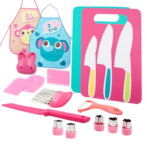 Aolkee 19 Stück Kinder Schneidemesser Set, Montessori Messer, kindermesser ab 3 Jahre, Kinderküche Set mit Fruchtschneider Formen, Schneidbrett, Schürzen von AolKee