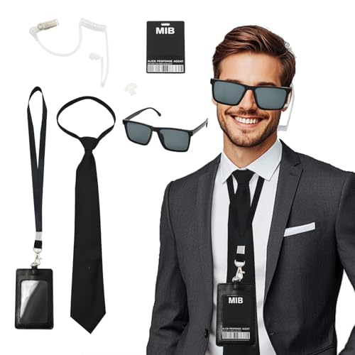AolKee Geheimagentenkostüm für Kinder, Herren in Schwarz, Kostümzubehör mit schwarzer Sonnenbrille, Krawatte, Agentenkostüm-Zubehör, Cosplay, Party-Requisiten für Männer, Frauen, Kinder, 6 Stück von AolKee