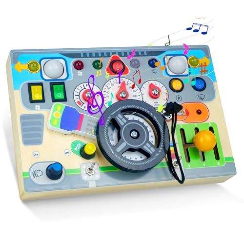 Busy Board Montessori Spielzeug mit simuliertem Lenkrad & LED-Lichtschaltern, Kleinkinder Activity Board, Sensorisches Aktivitätsbrett - Geschenk für Jungen und Mädchen ab 1 2 3 4 Jahr - Klein von Aolawco