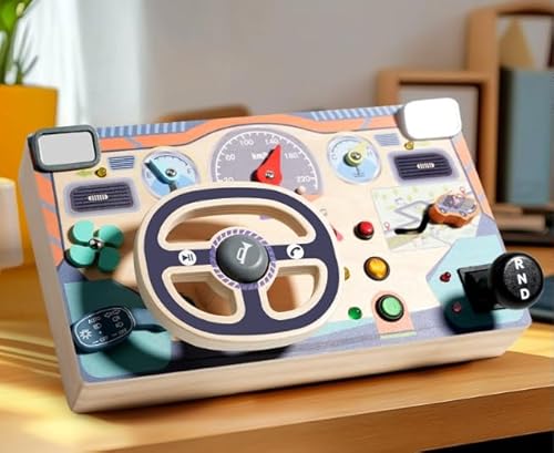 Montessori Spielzeug Steuerrad Kinder Lenkrad Busy Board, Holzspielzeug Activity Board mit simuliertem Lenkrad und LED-Lichtschaltern - Ideales Reisespielzeug und Geschenk für Jungen und Mädchen von Aolawco