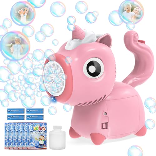 Elektrische Einhorn-Seifenblasenmaschine für Kinder, Automatische Blasenspielzeug mit LED-Lichtern Tragbarer Outdoor-Spaß für Mädchen & Jungen Batteriebetrieben (Inkl. Seifenblasenflüssigkeit), Rosa von Aolieh