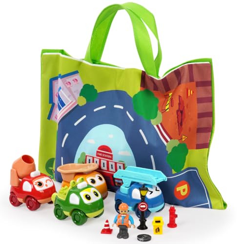 Aolso 11er-Pack Baby-Autospielzeug mit Spielmatte, Cartoon-LKW-Autospielzeug, Cartoon-Gummi-Babyautos mit Automatte, Aufbewahrungstasche, Kinder-Mini-Autoset für Kinder ab 3 Jahren (Cartoon-Fahrzeug) von Aolso