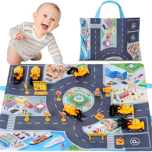 Aolso 18er-Pack Baby-Autospielzeug mit Spielmatte, Cartoon-LKW-Autospielzeug, Cartoon-Gummi-Babyautos mit Automatte, Aufbewahrungstasche, Kinder-Mini-Autoset für Kinder ab 1, 2, 3 Jahren (BAU-LKW) von Aolso