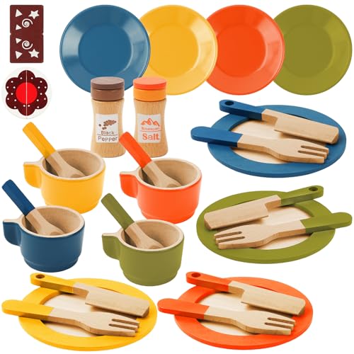 Aolso Kindergeschirr Set aus Holz, 30PCS Kinderküchenzubehör, Kindergeschirr Teeservice Set, Küchenspielzeug Rollenspiel Geschenk für Kinder Jungen Mädchen ab 3 Jahren von Aolso