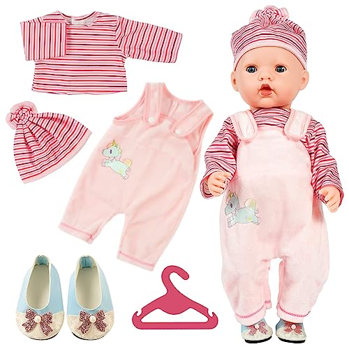 Aolso Kleidung Outfits für Baby Puppen, Puppenkleidung = Rosa Langarm+Hose+ Hut+1 Paar Schuhe+Kleiderbügel, Puppe Zubehör für Baby Puppen 35-45 cm von Aolso