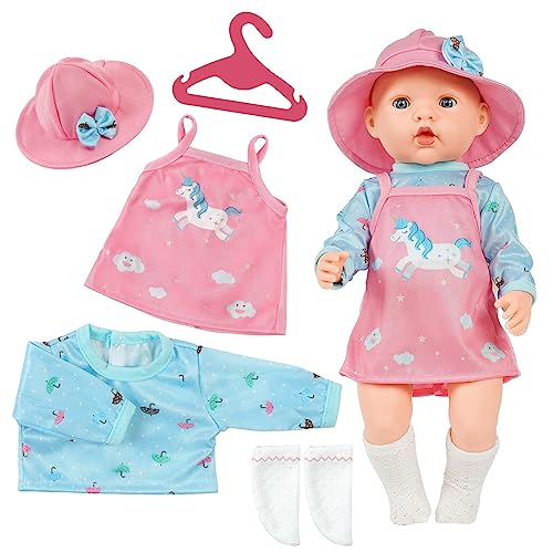 Aolso Kleidung Outfits für Baby Puppen, Puppenkleidung =langärmeliges Trägerkleid+Mütze+Socke+Aufhänger, Puppe Zubehör für Baby Puppen 35-45 cm von Aolso