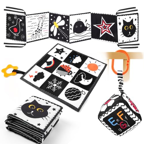 Aolso Kontrastbuch Schwarz Weiß Stoffbuch, Kinderwagen Spielzeug, 3 Stück Kinderbett Sensorik Spielzeug, Hängespielzeug, Kontrastkarten Sensorik Kontrast Geschenk für die frühe Bildung Aolso Kontrastbuch Schwarz Weiß Stoffbuch, Kinderwagen Spielzeug, 3 Stück Kinderbett Sensorik Spielzeug, Hängespielzeug, Kontrastkarten Sensorik Kontrast Geschenk für die frühe Bildung von Aolso