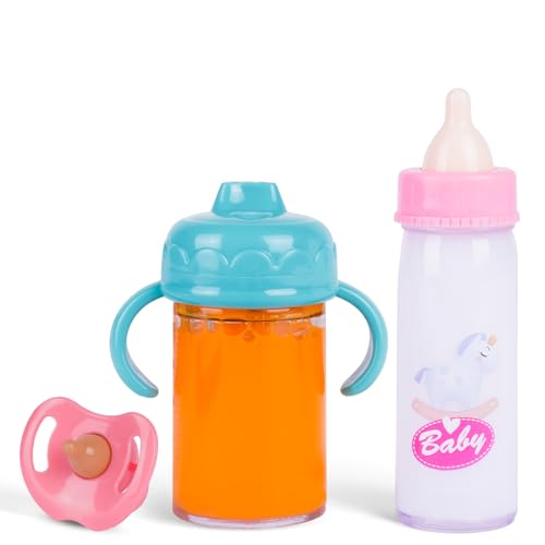 Aolso Magische Flasche,3 Stück New Born Baby Puppe Zubehör, Puppenflasche + Schnuller, Puppe Milchfläschchen, Simulierte Fütterung - Flüssigkeit verschwindet beim Kippen für Babypuppen (rosa+blau) von Aolso