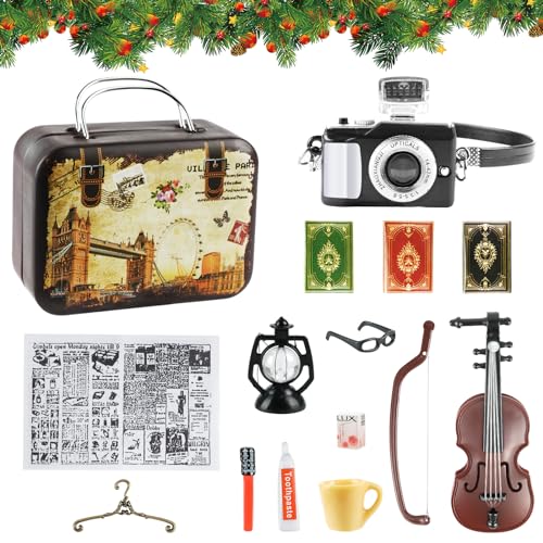 Aolso Miniatur Puppenhaus Zubehör, 14Pcs Miniatur Vintage Deko, Puppenhaus-Kamera-Zubehör-Set, Wichteltür Zubehör mit Geige Bücher Brillen Kleiderbügel Kamera DIY Dekor Geschenk für Puppenhaus von Aolso