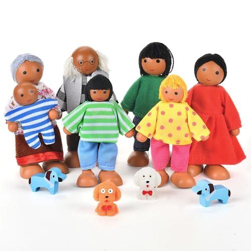 Aolso Puppenhaus Puppen, 11 Stück Puppenhaus Puppenfamilie aus Holz, Figuren Puppen Spielset Biegepuppen Zubehör, Holz Puppenhaus Familie Puppen Zubehör für Puppenhäuseraus Holz von Aolso