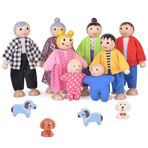 Aolso Puppenhaus Puppen, 12 Stück Puppenfamilie aus Holz, Figuren Puppen Spielset Biegepuppen , Familie Puppen Zubehör für Puppenhäuseraus von Aolso
