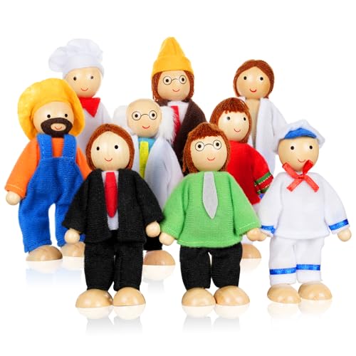 Aolso Puppenhaus Puppen, 9 Stück Puppenhaus Puppenfamilie aus Holz, Figuren Puppen Spielset Biegepuppen Zubehör, Holz Puppenhaus Familie Puppen Zubehör für Puppenhäuseraus Holz von Aolso
