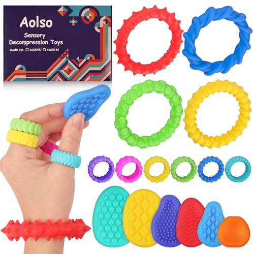 Aolso Sensorisches Zappelspielzeug, 4er-Pack Dehnbare Zappelarmbänder + 6er-Pack sensorische Steine ​​+ 6er-Pack sensorische Ringspielzeuge, stressabbauendes Spielzeug für Kinder und Erwachsene von Aolso