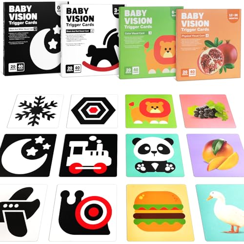 Aolso Spielzeug 0 6 Monate Kontrastkarten Baby, 80pcs Schwarz Weiß Kontrastbuch Baby, Lernkarten Kleinkinder für Visuelle Stimulation und Entwicklung des Gehirns von Aolso