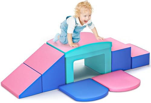 Weiche Baby-Schaumstoff-Kletterblöcke für Kleinkinder, Kleinkind-Schaumstoff-Kletterblöcke, Verschiedene Formen, Intelligenztraining, Indoor-Kletterspielzeug(6p-Rosablau) von Aomdom