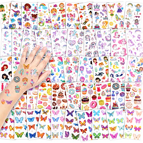 AOMIG Tattoo Kinder, 50 Blätter Einhorn Meerjungfrau Schmetterling Blumenfee Dessert Tattoo Set, Hautfreundliche Temporäre Kindertattoos für Mädchen Jungen Geburtstagsgeschenke Mitgebsel (Set B) von Aomig
