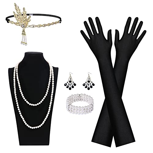 Aomig 1920s Kostüm Damen Flapper Accessoires Set, 6 teiliges 20er Jahre Vintage Halloween Kostümzubehör mit Stirnband Halskette Handschuhe Ohrringe, Great Gatsby Zubehör für Frauen von Aomig