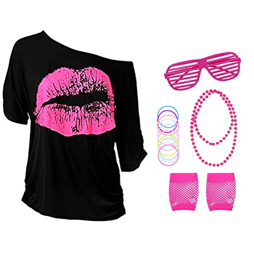 Aomig 80er 90er Jahre Outfit Damen, 5PCS 80er Faschingskostüme Damen mit T-Shirt Stirnband Ohrring Halskette Brille, 80er Jahre Outfit Damen Setfür Frauen Kleidung Neon Party Karneval (L) von Aomig