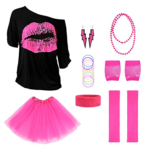 Aomig 80 Jahre Kostüm Zubehör Set, 8PCS T-Shirt Tutu Stirnband Ohrring Halskette Beinlinge, 80er Kostüme Accessoires für Frauen Mädchen Erwachsene 80 Jahre Thema Party Karneval Fasching (L) von Aomig