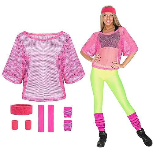 Aomig 80er Jahre Outfit Damen, 80er Jahre Kleidung 4-teiliges Set Netzhandschuhe, Neon-Brille, Schweissband,Beinstulpen, 80er Jahre Accessoires Festival Outfit Neon Accessoires Geeignet Party Karneval von Aomig