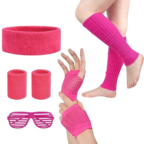 Aomig 80er Jahre Outfit Damen, 80er Jahre Kleidung 4-teiliges Set Netzhandschuhe,Netzoberteil, Schweissband,Beinstulpen, 80er Jahre Accessoires Festival Outfit Neon Accessoires Geeignet Party Karneval von Aomig