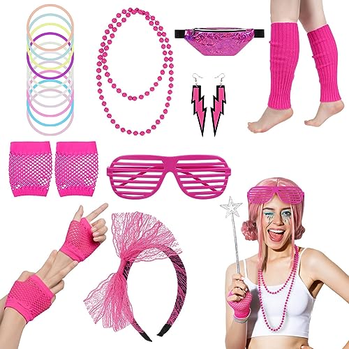 Aomig 80er Jahre Outfit Damen, 80er jahre kleidung 8-teiliges Set Gürteltasche,Netzhandschuhe,Stirnband,Beinstulpen,Halskette,Armband,Ohrring,Brille, Festival Outfit Neon Accessoires Geeignet Party von Aomig