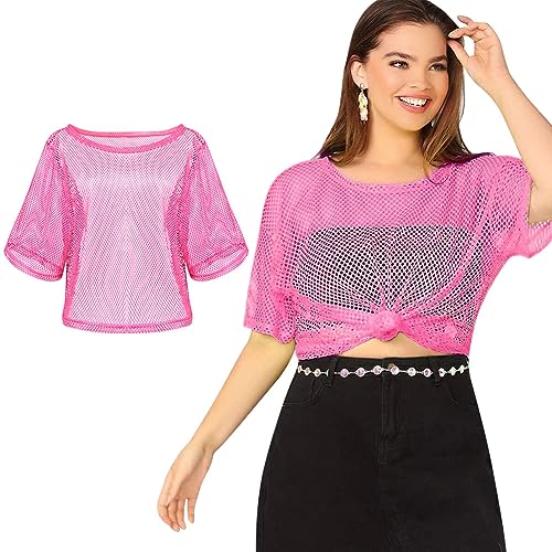 Aomig 80er Jahre Outfit Damen, 80er Jahre Kleidung Mottoparty Netzoberteil Damen Tops Neon 80s 90er Jahre Accessoires, Pink T Shirt Neon Accessoires Geeignet Party Fasching Damen Geburtstag Cosplay von Aomig