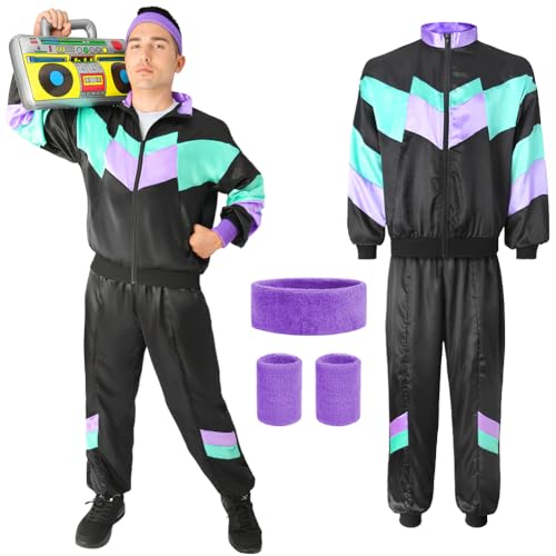 Aomig 90er Jahre Kostüm Erwachsene 5Pcs Retro Trainingsanzug Unisex Disco Ganzkörperanzug Partner Outfit Jacke Hose Armband und Stirnband 80er Party Bad Taste für Mottoparty Karneval (Schwarz-Grün-L) Aomig 90er Jahre Kostüm Erwachsene 5Pcs Retro Trainingsanzug Unisex Disco Ganzkörperanzug Partner Outfit Jacke Hose Armband und Stirnband 80er Party Bad Taste für Mottoparty Karneval (Schwarz-Grün-L) von Aomig