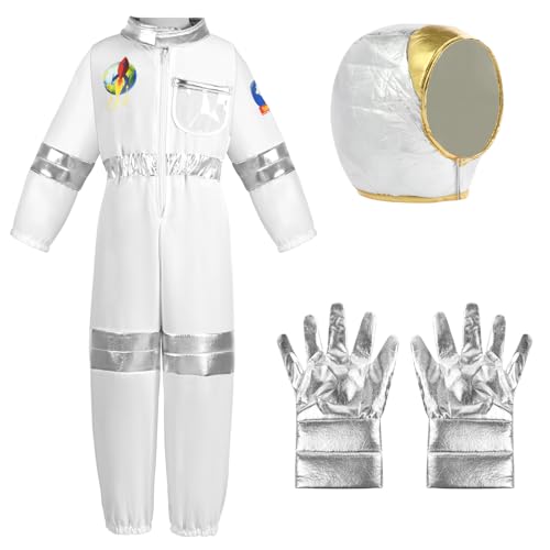 Aomig Astronaut Kostüm kinder 3Pcs Weiß Astronautenkostüm Kind Unisex Astronautenoverall Astronauten Helm Silberne Handschuhe Weltall Kostüm für Mädchen Jungen Raumfahrer Spaceman Kostüm Outfit (XL) von Aomig