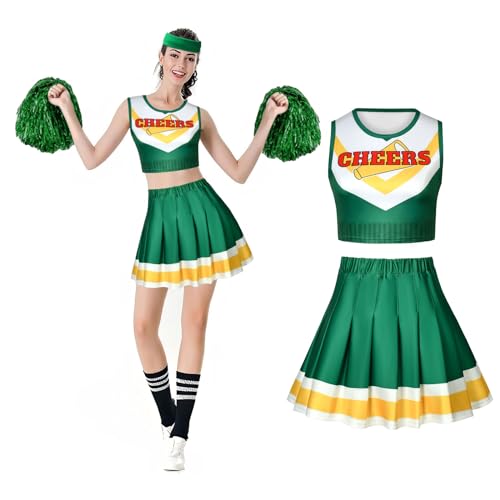 Aomig Cheerleader Kostüm Damen, Fancy Dress Uniform mit Pompons und Stirnband, High School Cheerleader Kostüm für Halloween Party Verkleidung Karneval von Aomig