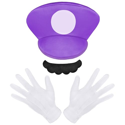 Aomig Cosplay Kostüm Zubehör Mütze, 3Pcs Faschingkostüme Hüte mit Schnurrbärte Handschuhe, Super-Brüder Kostüm Hut Cap für Karneval Halloween Rollenspiel Faschingkostüm für KinderJunge Mädchen (Lila) von Aomig