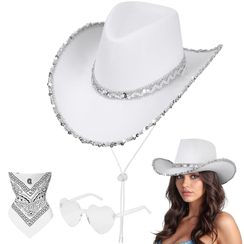 Aomig CowboyHut Damen Herren Fashion Cowboyhüte Cowgrilhut Rockstar Randlose Hippie Herzförmige Brille Halstuch Wilder Westen Party Brillen Geburtstagsfeier Fasching Karneval Kostüm Mottoparty(A-Weiß) von Aomig