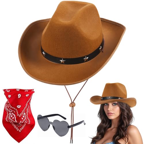 Aomig CowboyHut Damen Herren Fashion Cowboyhüte Cowgrilhut Rockstar Randlose Hippie Herzförmige Brille Halstuch Wilder Westenparty Brillen Geburtstagsfeier Fasching Karneval Kostüm Mottoparty(B-Braun) von Aomig