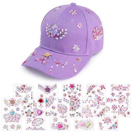 Aomig DIY Baseballkappe, Verstellbar Baseballkappe Bastelset Kinder Mädchen mit 10 Pcs Glitzersteine Selbstklebend, Baseball Cap Sonnenhut Geschenke für Mädchen 4 5 6 7 8 9 10 11 Jahre（Lila） von Aomig