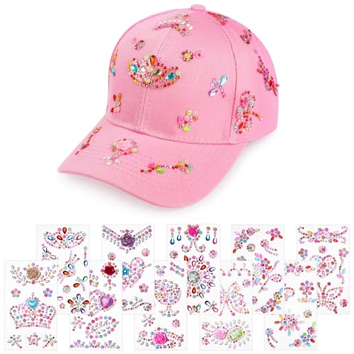 Aomig DIY Baseballkappe, Verstellbar Baseballkappe Bastelset Kinder Mädchen mit 10 Pcs Glitzersteine Selbstklebend, Baseball Cap Sonnenhut Geschenke für Mädchen 4 5 6 7 8 9 10 11 Jahre（Rosa） von Aomig