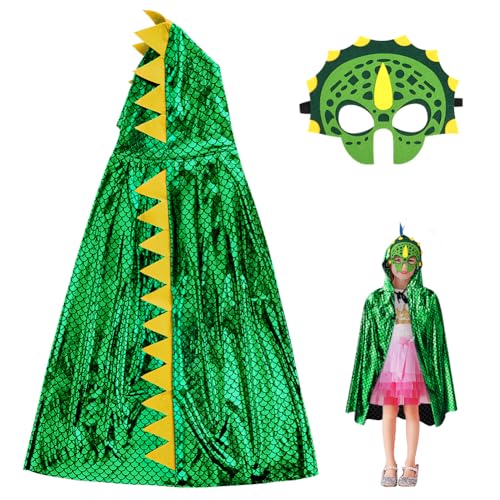 Aomig Dinosaurier Umhang 2Pcs Cosplay Köstum Cape Kinder Dino Mask Drachen Mantel Kleidung Dino Kostüm Umhang Verkleidung Jungen Mädchen Rollenspiel Karneval Halloween Cosplay Themenparty(110cm, Grün) von Aomig