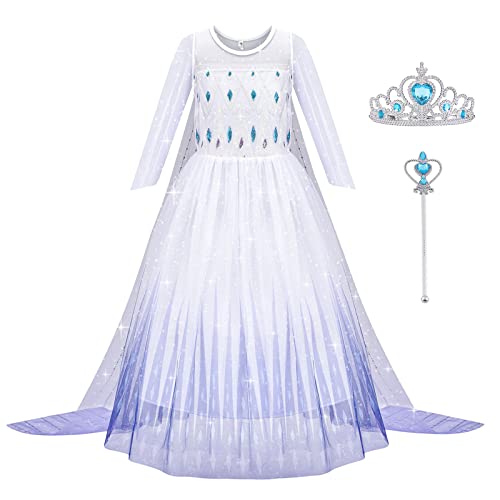 Aomig ELSA Kostüm Kinder Mädchen, ELSA Kleid Kinder mit Krone Zauberstab für Verkleidung Karneval Halloween Weihnachten Geburtstag (150) von Aomig