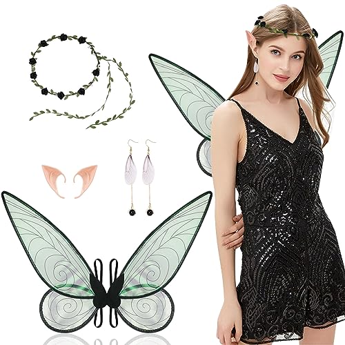 Aomig Feenflügel Erwachsene, Fairy Wings Kranz-Tiara , Feenflügel Damen Elfenohren, Flügel Fee Erwachsene Geeignet Fasching Karneval Geburtstag Cosplay Party Halloween(Schwarz) von Aomig