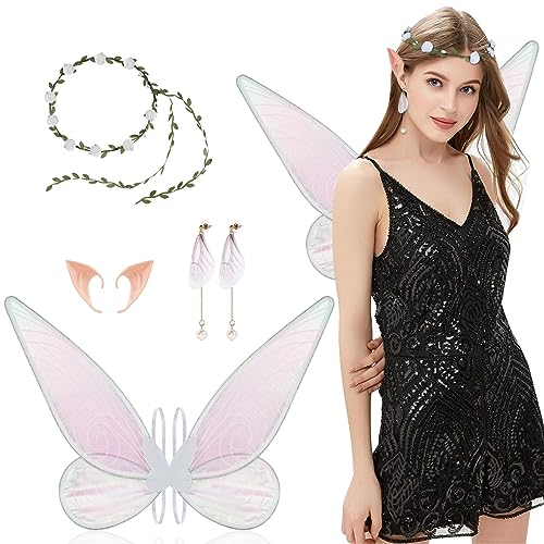 Aomig Feenflügel Erwachsene, Fairy Wings Kranz-Tiara , Feenflügel Damen Elfenohren, Flügel Fee Erwachsene Geeignet Fasching Karneval Geburtstag Cosplay Party Halloween(Weiss) von Aomig